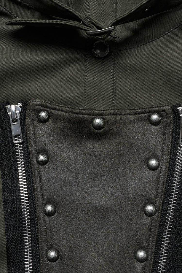 Green Stand Collar Long Sleeves Stitching Faux Leather Women's Gothic Military Jacket