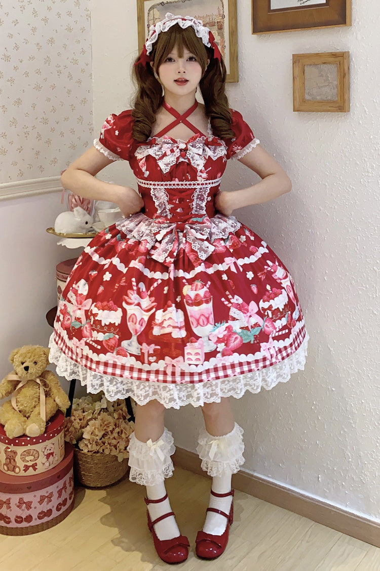 Red [Strawberry Parfait] Print Short Sleeves Ruffle Bowknot Lace Lace-Up Sweet Lolita Dress