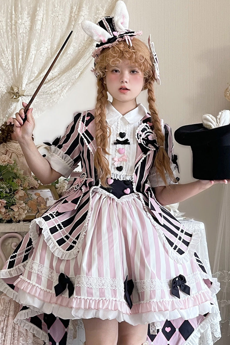 Black/Pink Short Sleeves Weird Theater Print Ruffle Bowknot Sweet Lolita Dress