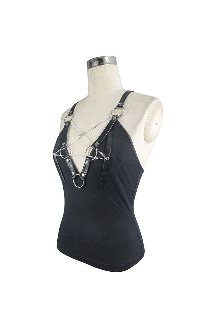 Black Chest Inverted Pentagram Chain Backless Metal Ring Leathrt Straps Women's Punk Vest