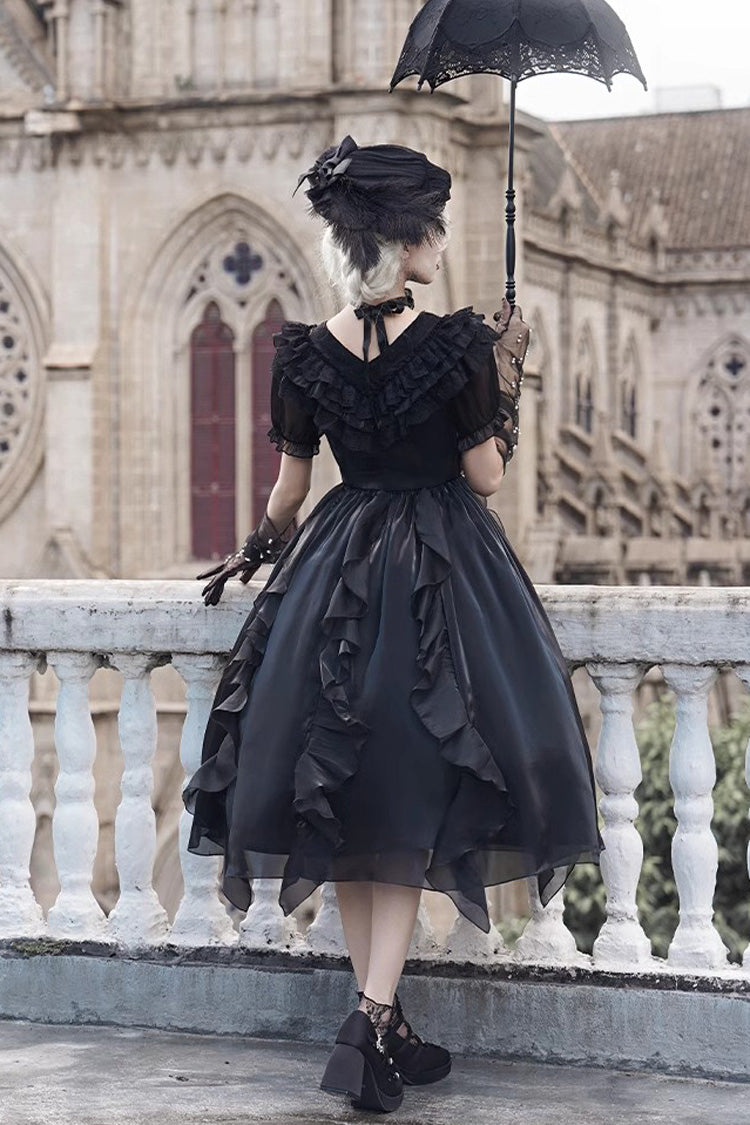 Black V-Neck Lace Cla Daily Short Puff Sleeves Gothic Lolita Dress