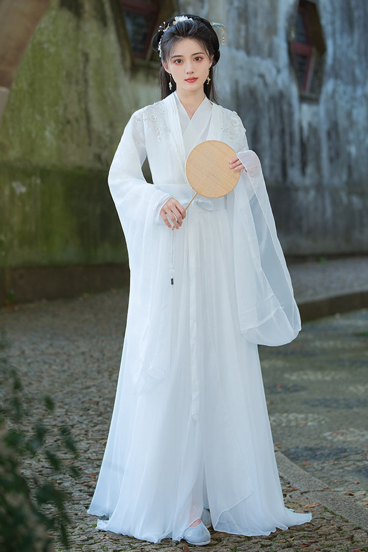 Weißes, feenartiges, langes, mit Trompetenärmeln besticktes, süßes, altchinesisch inspiriertes Hanfu-Kleid