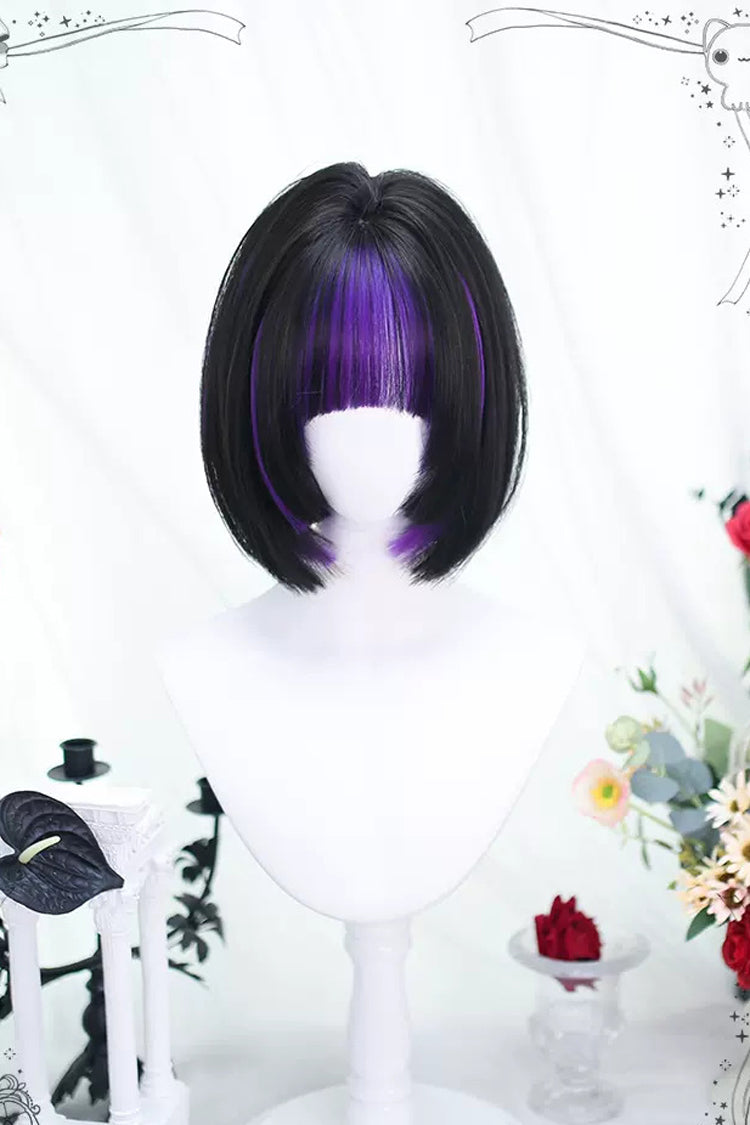 Schwarze/lila kurze glatte Lolita-Perücken