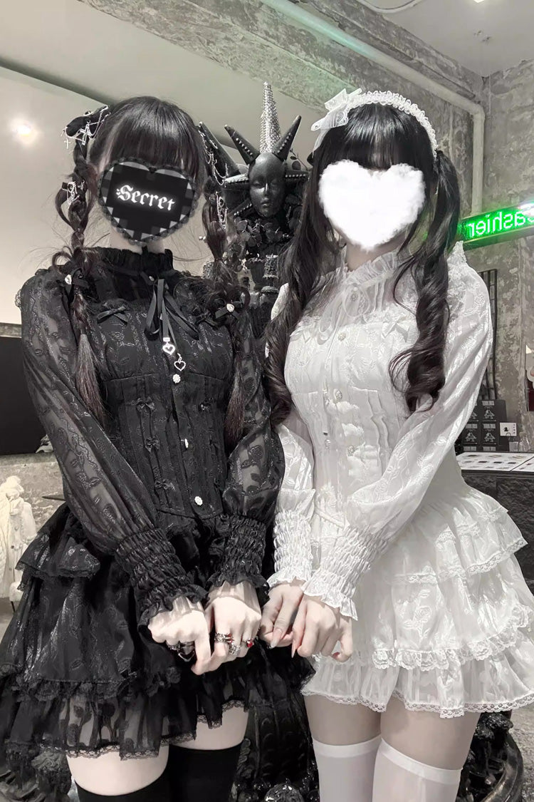 [Rose Bible] Lange Ärmel, dreilagiges, mehrlagiges Jacquard-Rüschen-Schnür-Set aus japanischer Gothic-Jirai-Kei-Bluse und Kürbis-Shorts, 2 Farben