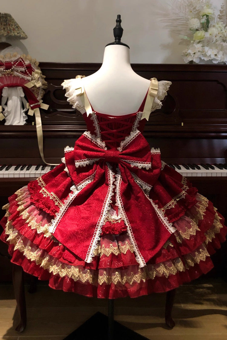 Red [Gilded Memories] Sleeveless Double-Layered Ruffle Hot Stamping Bowknot Lace Sweet Lolita Jsk Dress