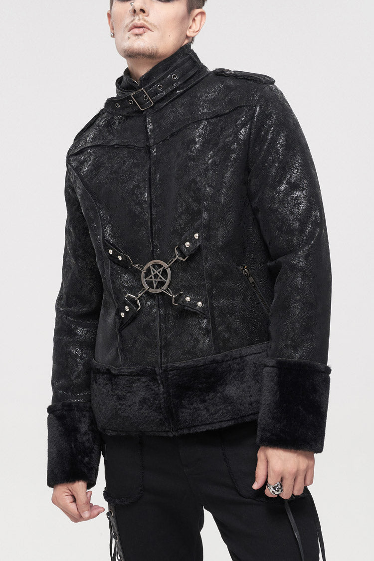Black Five Pointed Star Decoration Retro Suede Short Plush Men's Punk Coat