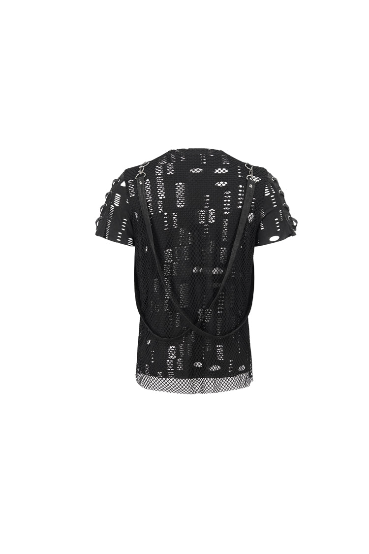 Black Half Hollow Shoulder Tie Design Men's Punk T-Shirt