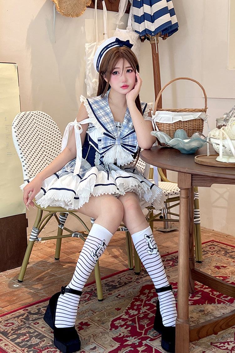 Blue/White [Sailing Love] Navy Collar Sleeveless Plaid Print Ruffle Bowknot Sweet Lolita Dress