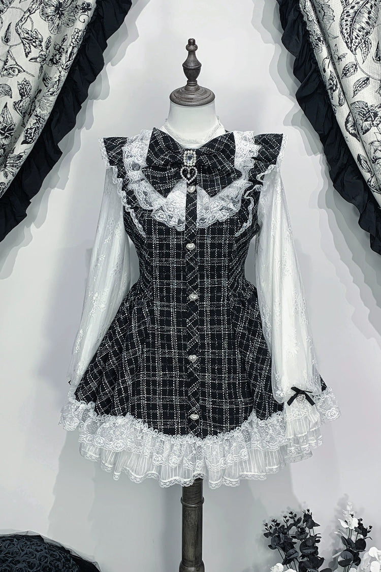 黒【月蝕人形】長袖チェック柄プリントフリルリボンレース甘地雷系和装ショーツセット