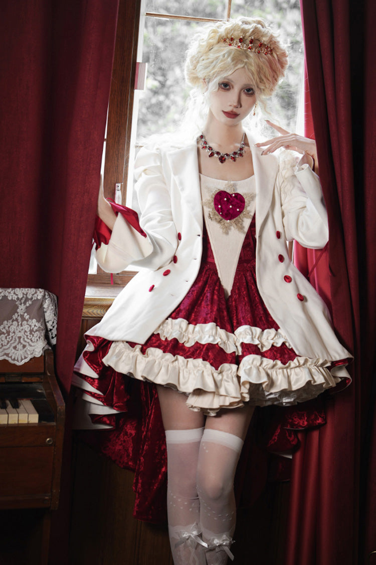 Weißer zweireihiger unregelmäßiger Gothic-Lolita-Mantel mit kurzer Vorderseite und langer Rückseite