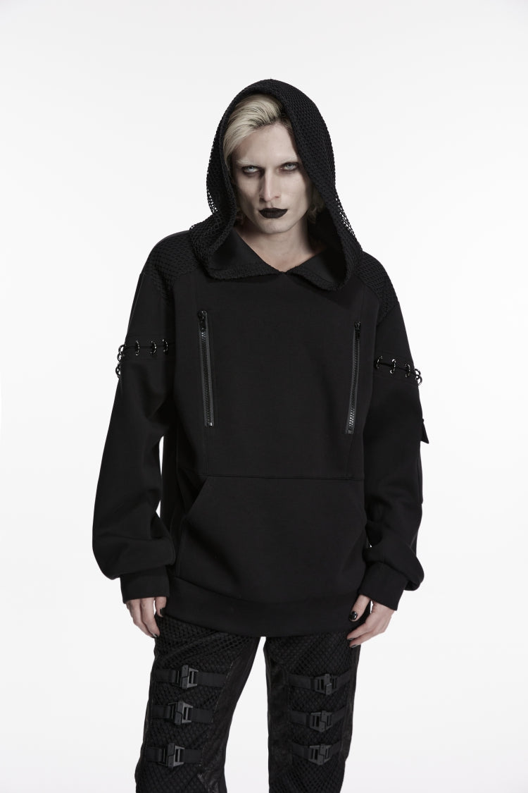 Schwarzer, langärmeliger, mit D-Ringen und Reißverschluss versehener Punk-Cool-Mantel für Herren