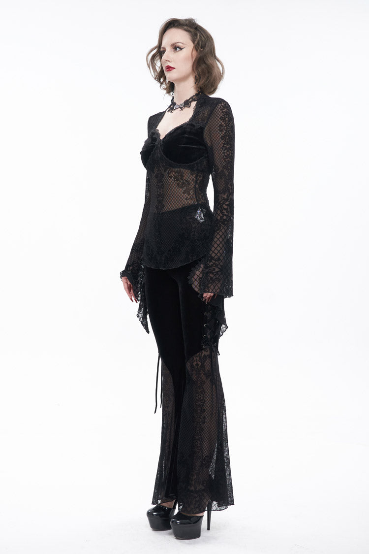 Black Velvet Mesh Splicing Metal Buttons Flared Sleeve Lace Women's Gothic T-Shirt