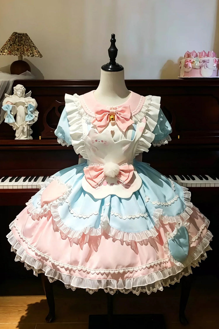 【Sweet Tea Kitty】ピーターパン襟ハイウエストリボンフリル猫柄スイートロリータワンピース
