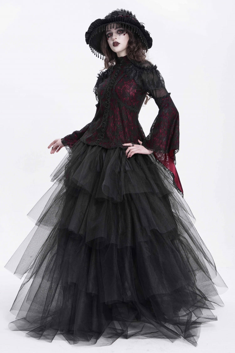 Red Stand Collar Long Trumpet Sleeves Embroidery Stitching Lace Women's Gothic Blouse