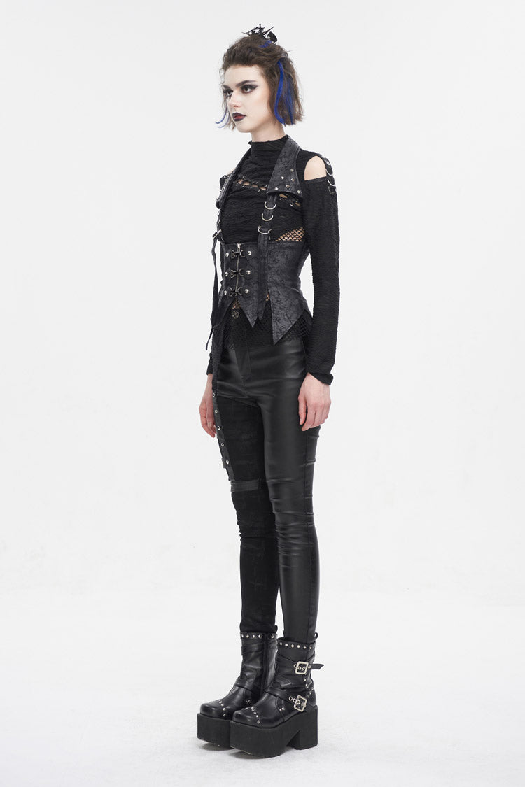 Black Irregular Lace Up Women's Gothic Vest With Detachable Collar