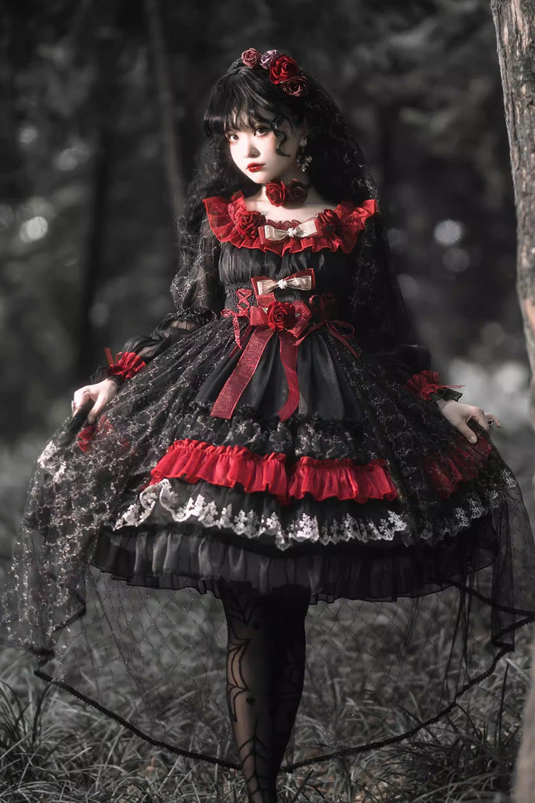 Black/Red [Perlia’s Night] Long Puff Sleeves Ruffled Open-Front Bow Lace Gothic Lolita Dress