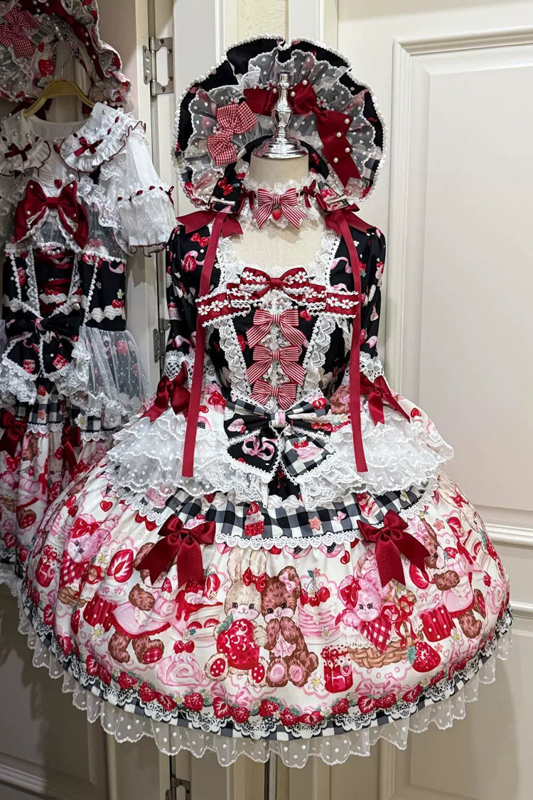 Robe Lolita OP noire/rouge [Sweet Berry Bunny Bear] demi-manches avec nœud imprimé et lacets à lacets
