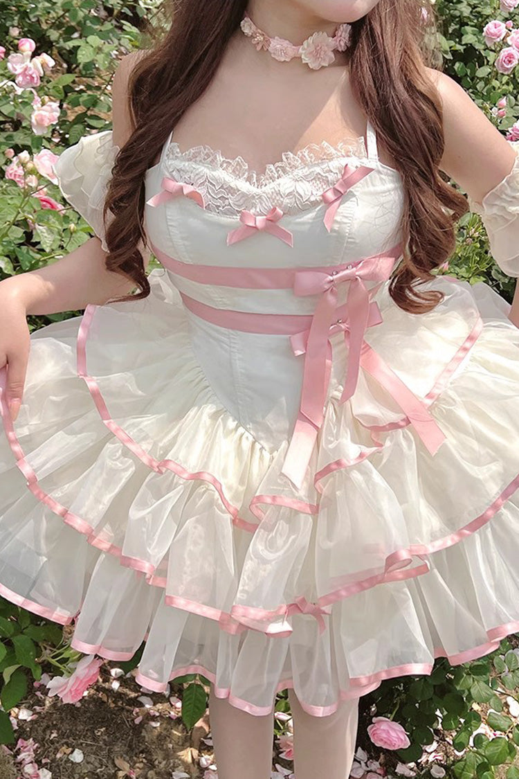 Pink/Beige Ballerina Style Bowknot Slim Fluffy Princess Sweet Lolita Tiered Dress