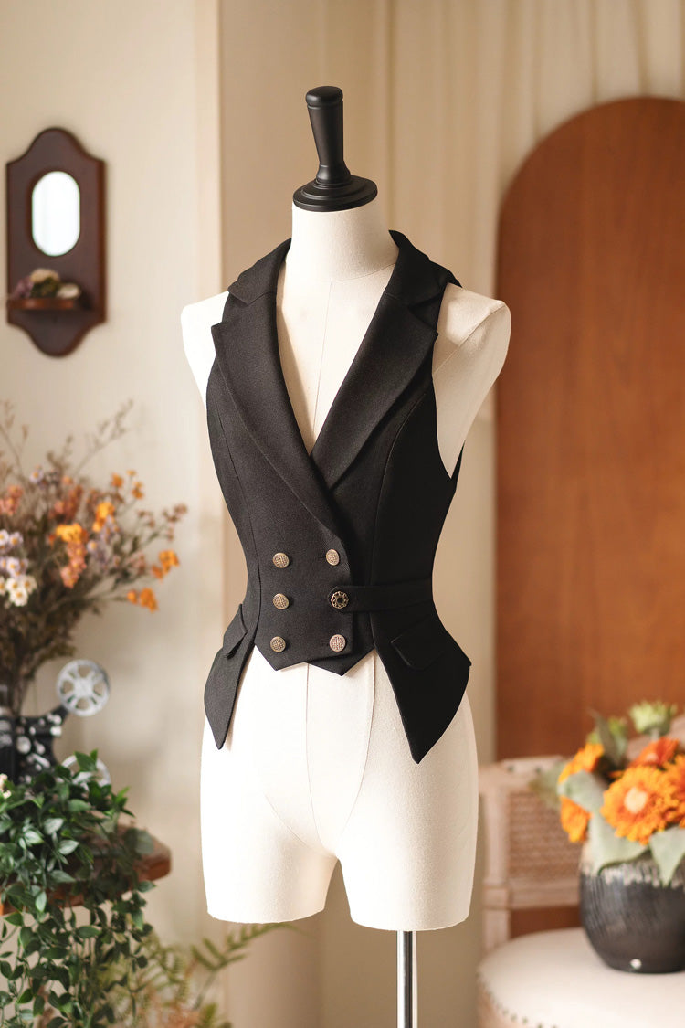 Gilet Ouji Lolita Vintage classique sans manches, col en V noir