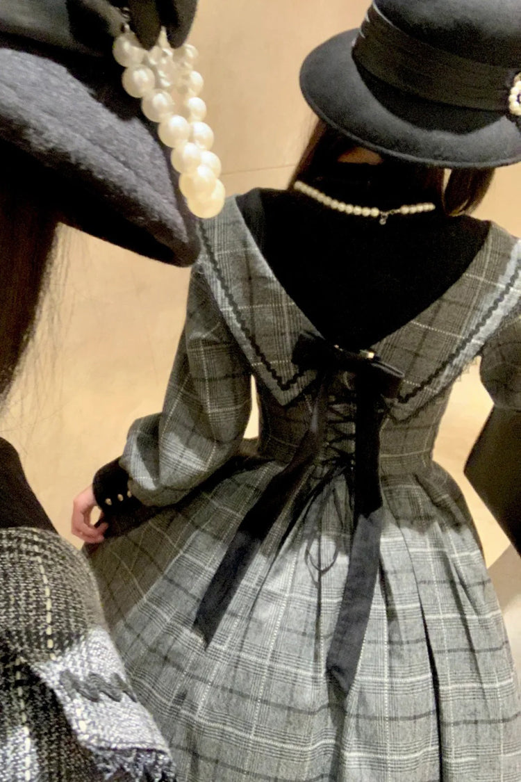 Grey [Fontainebleau] Long Sleeves Plaid Print Bowknot Elegant Sweet Lolita Dress