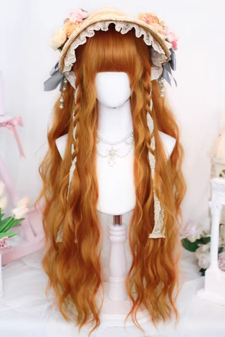 Perruque longue ondulée marron orange avec frange émoussée Sweet Daily Lolita