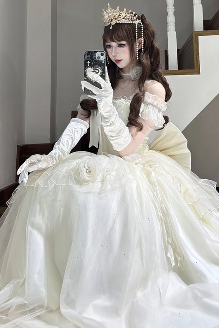 Aprikose [Helle Sterne] Schulterfreies Rüschen-Bowknot-Asymmetrisches Süßes Elegantes Prinzessin-Lolita-Kleid 