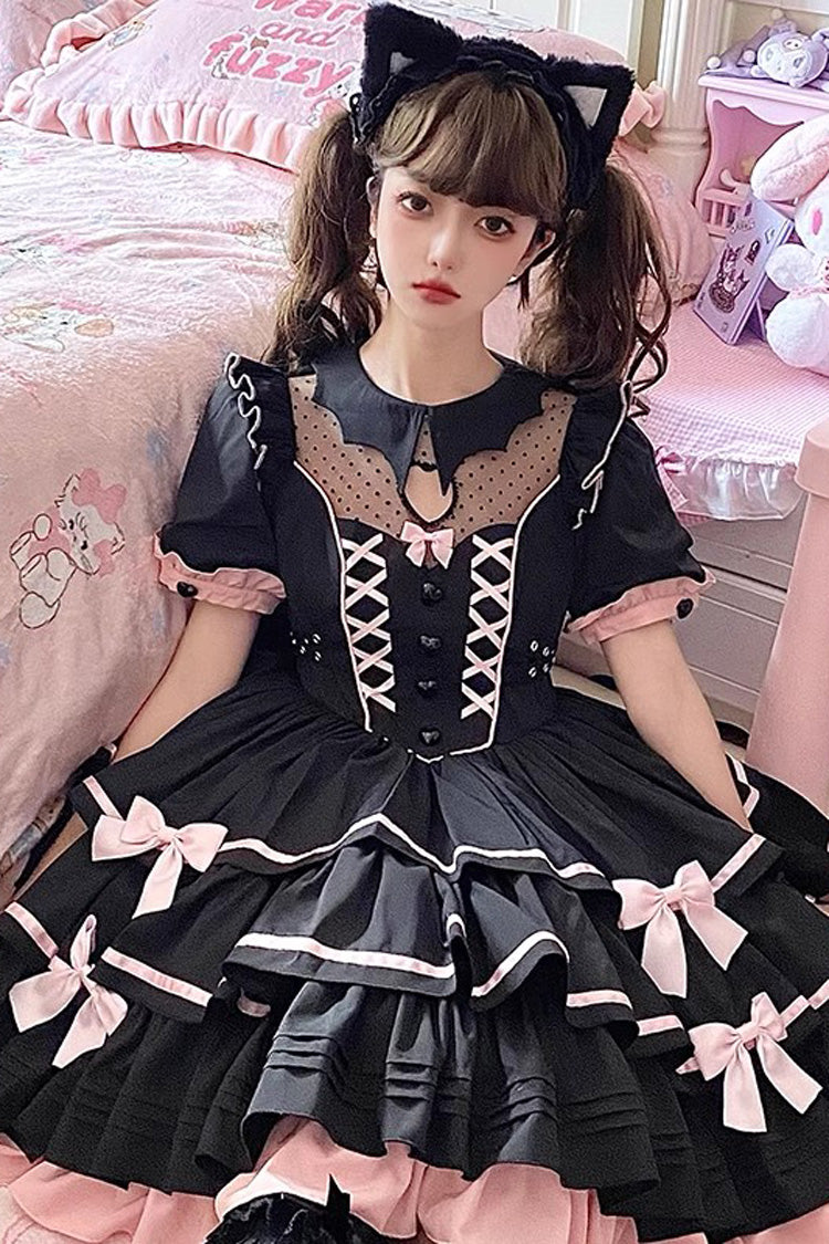 Black/Pink Short Sleeves Multi-layer Ruffle Bowknot Sweet Lolita Dress