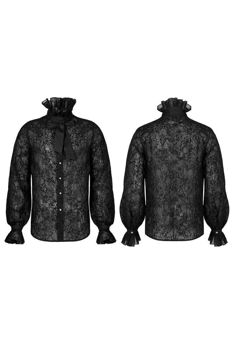 Black Gothic Long Sleeve Mesh Texture Fabric Lace Pleated Ruffle Tie Design Men's Shirt