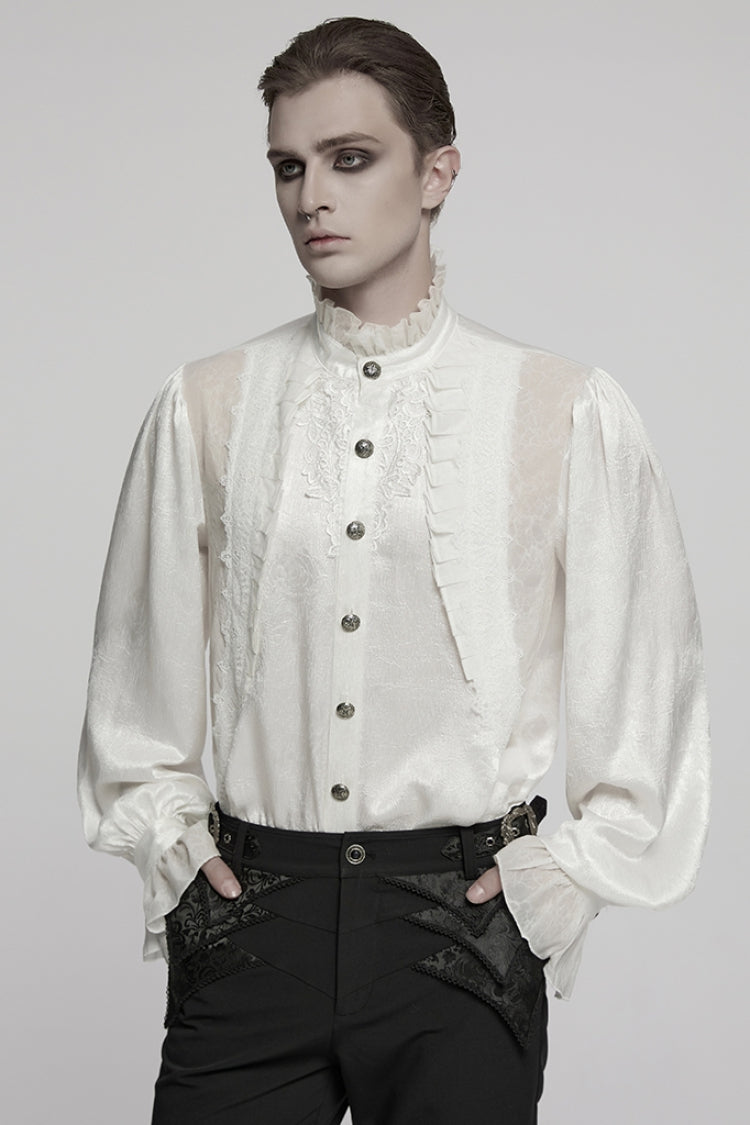 Weiße Stehkragen Lange Puffärmel Jacquard Rüschenstickerei Herren Gothic Bluse 