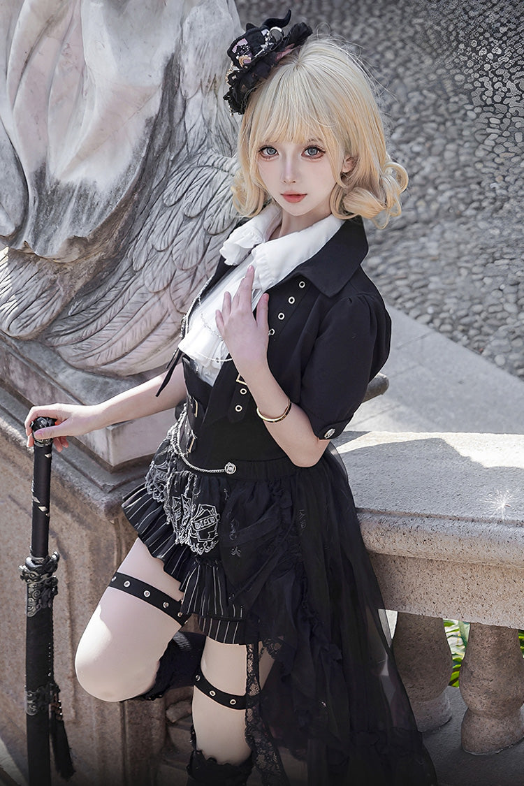 Black Lapel Collar Short Sleeves Lace Prince Ouji Lolita Three-piece Set