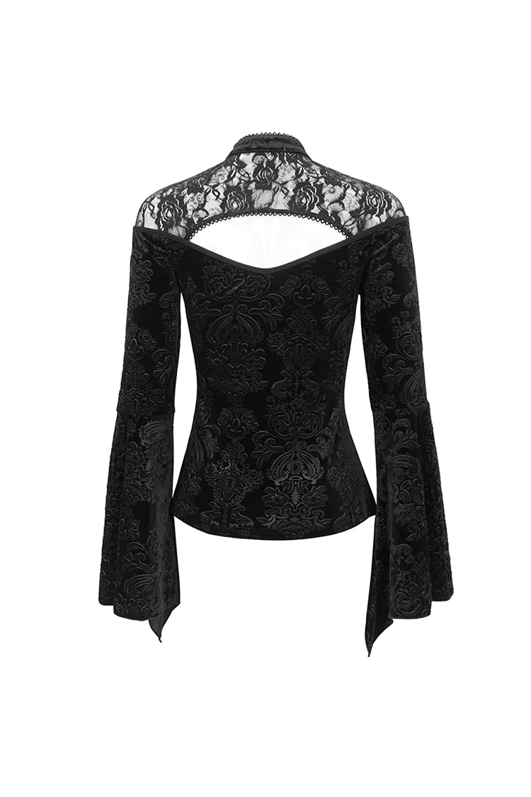 Black Lace Cutout Round Collar Flared Sleeved Floral Embossed Women's Gothic Shirt