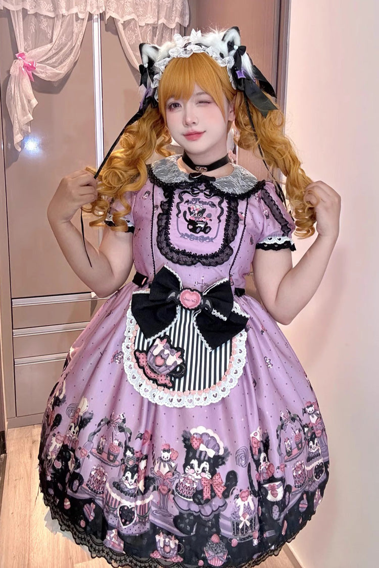 Purple [Devil Cat] Print Short Sleeves Ruffle Bowknot Lace Gothic Lolita OP Dress (Plus Size Support)