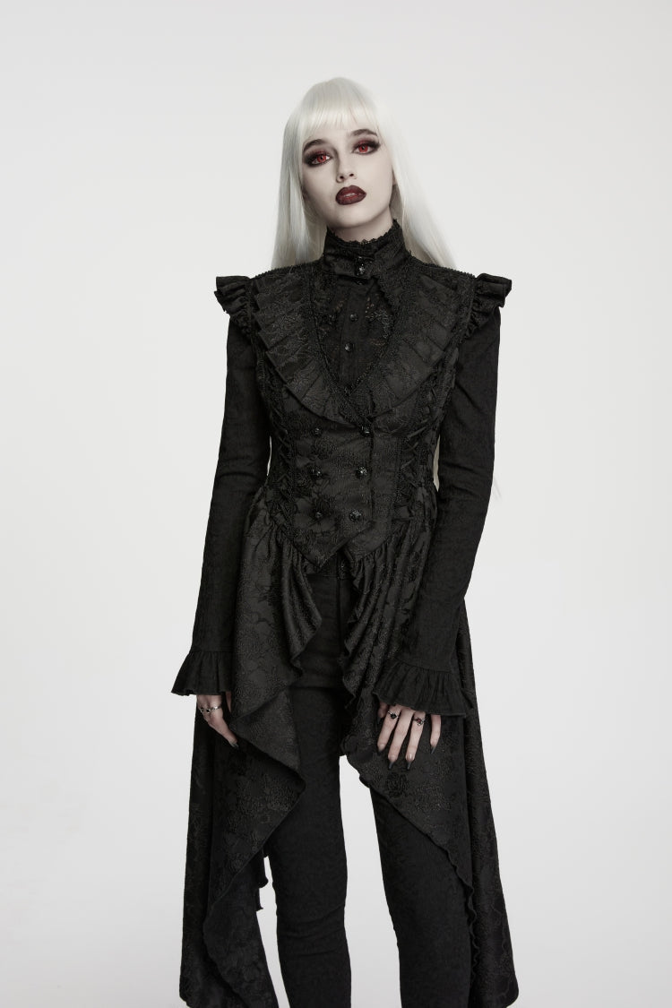 Black Stand Collar Sleeveless Jacquard Cut-Out Lace-Up Asymmetric Women's Gothic Elegant Vest