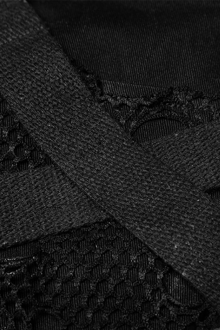 Black Metal Ring Buckles Stitching Mesh Men's Steampunk Pants