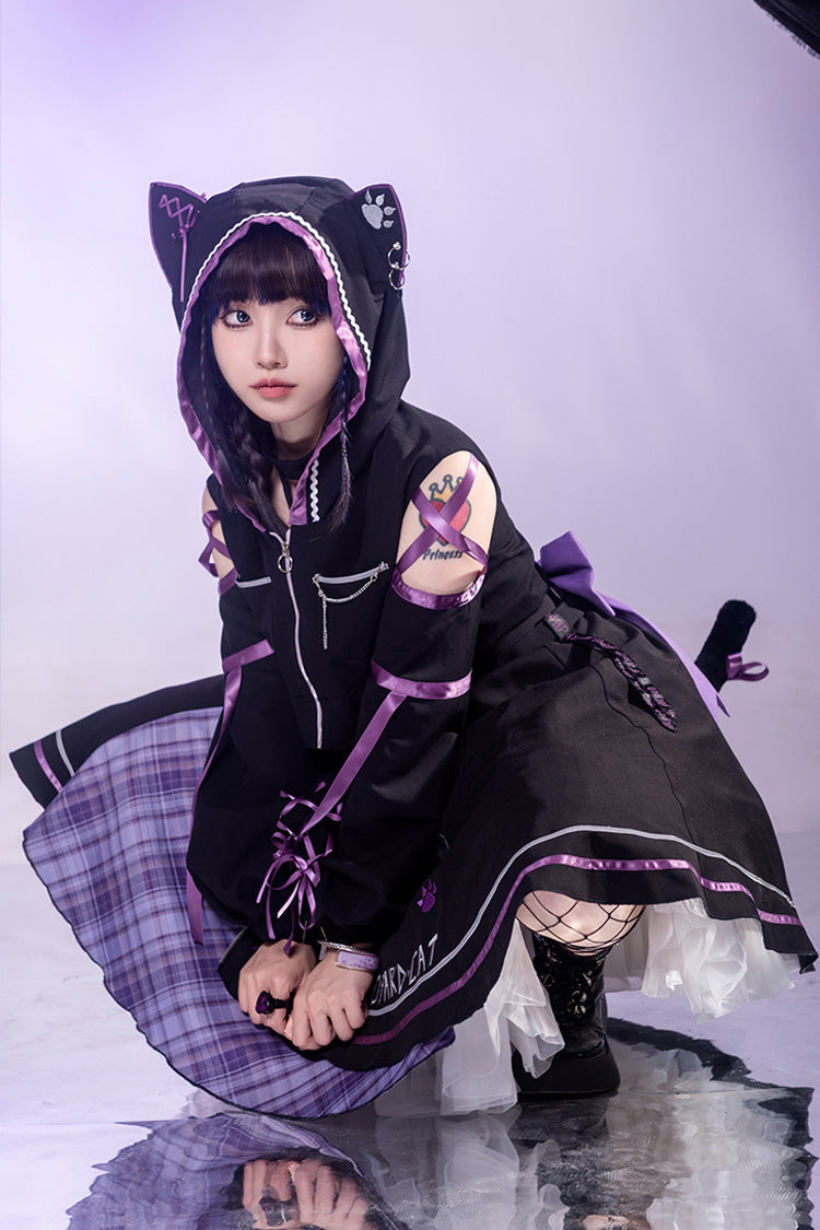 Black/Purple Cat Paw Print Bowknot Gothic Lolita Jsk Dress Set