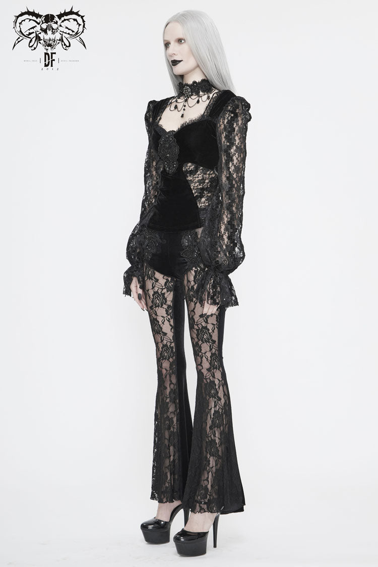 Black Front Chest Decals Lantern Sleeve Lace Cuff Back Lace-Up Knitted Velvet Women's Gothic T-Shirt