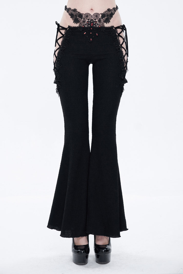 Black Low-Rise Lace Gem-Embellished Bilateral Lace-Up Cutout Flared Women's Gothic Pants