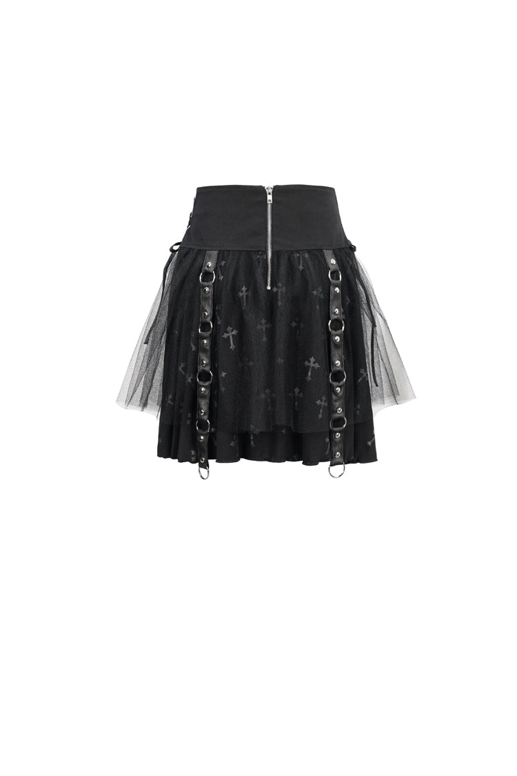 Black Cross Print Side Waist Straps Detachable Metal Chain Women's Punk Skirt