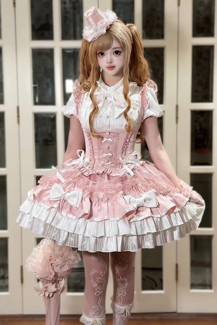 Weiß/Rosa [Heartbeat Cheer] Reverskragen, kurze Ärmel, dreilagiges Jacquard-Rüschenschleife, süßes Lolita-Kleid-Set mit Brustunterstützung