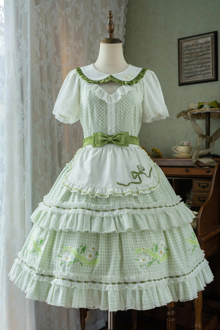Green Doll Collar Short Sleeves Plaid Print Ruffle Hollow Embroidery Bowknot Sweet Elegant Lolita Dress
