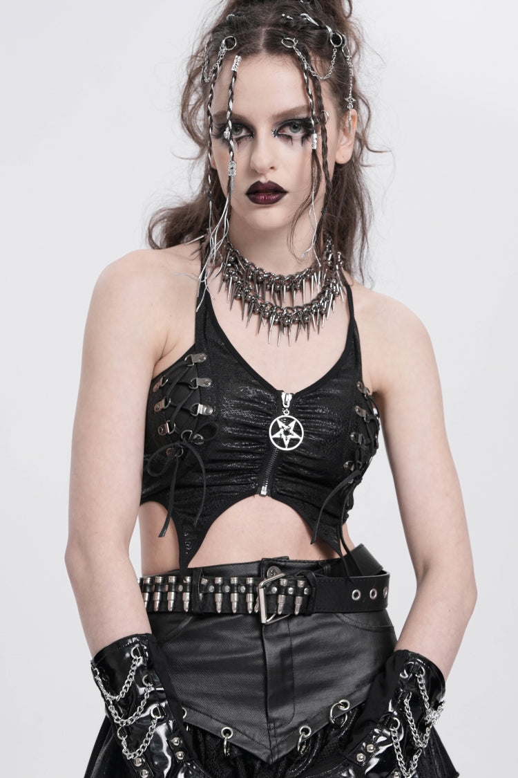 Black Sleeveless Stitching Irregular Mesh Women's Punk Tank Top