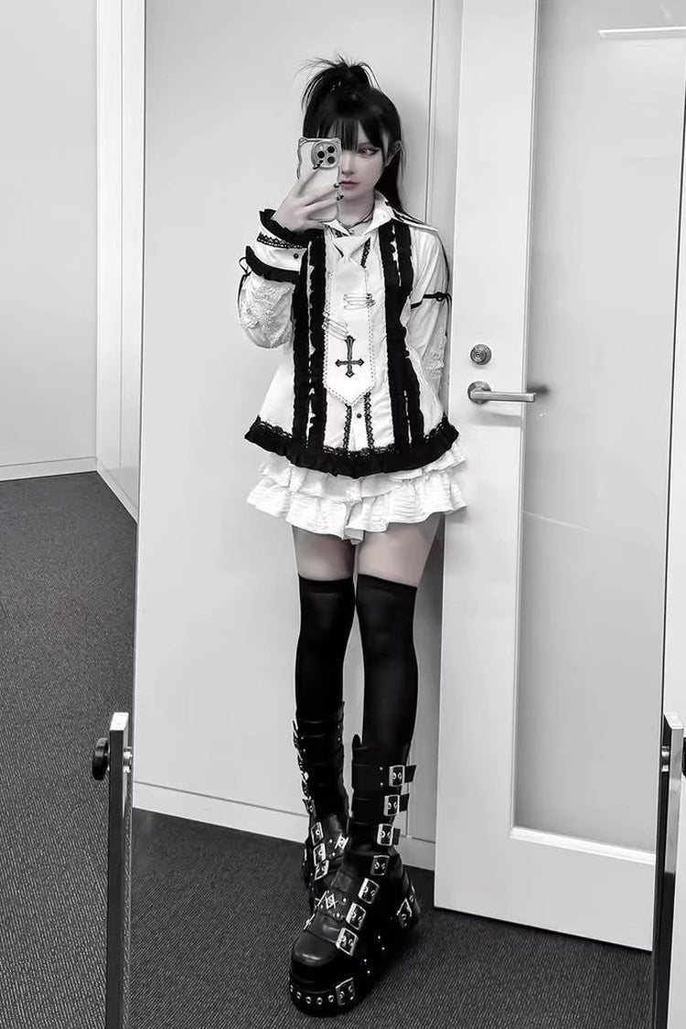 White/Black Lapel Collar Long Sleeves Embroidery Gothic Jirai Kei Blouse