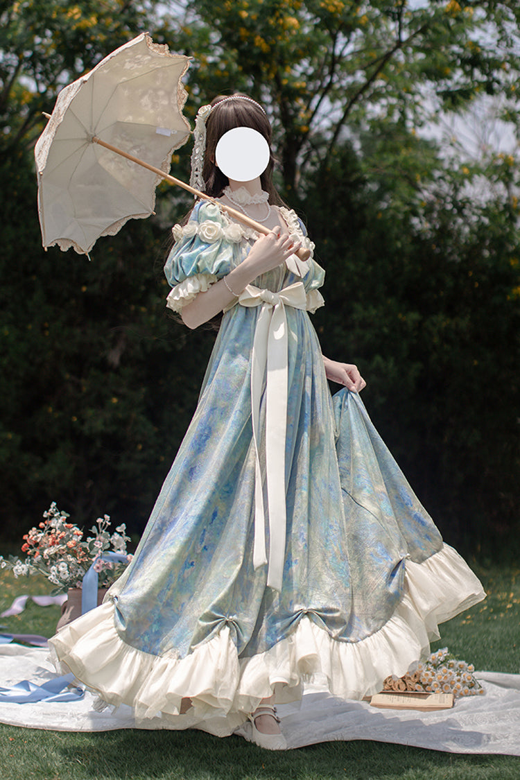 Robe Lolita Princesse Douce à Manches Courtes Imprimée avec Volants et Nœud Bleu [Peinture à l'Huile Soleil et Lune Poème] 