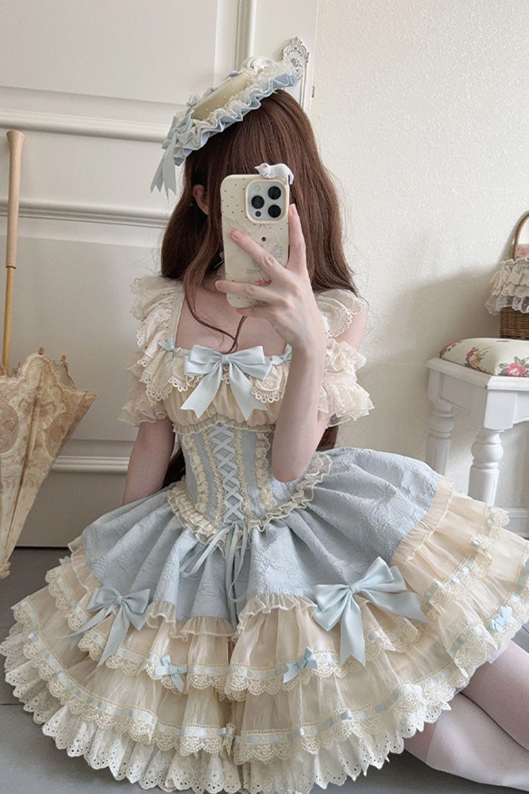 Robe Jsk Lolita Ballet Doux à Nœud Papillon en Dentelle à Lacets à Volants Double Couche [Flory Butterfly] Bleue 