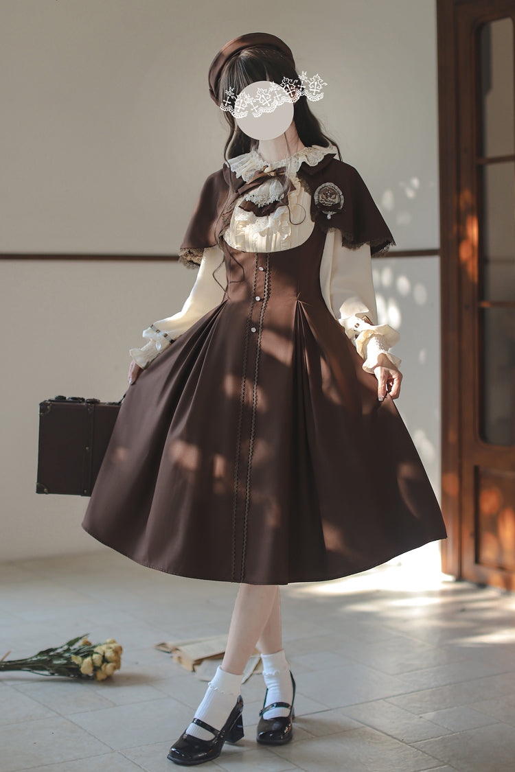 Brown/White [Sunset Academy] Long Sleeves Ruffle Bowknot Fake Two Pieces Vintage College Style Elegant Lolita Dress