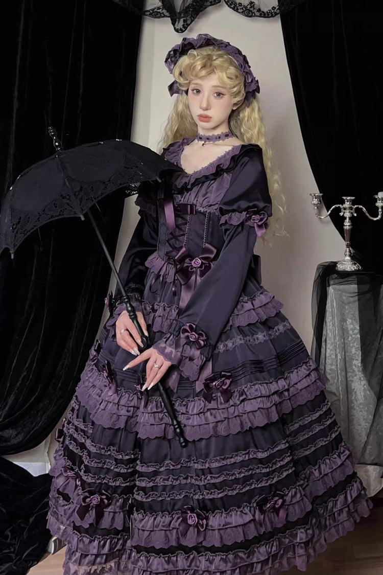 Purple [Layered Blackcurrant] Short Sleeves Ruffle Bowknot Lace Sweet Lolita Dress