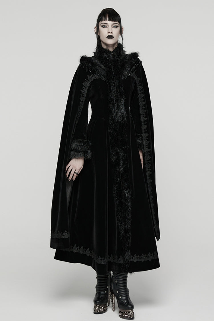 Black Stand Collar Embroidered Lace-Up Women's Gothic Coat