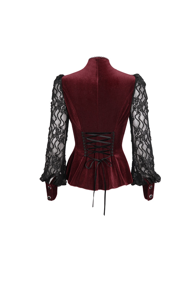 Roter Samt-Hochhals-Spitzen-Fake-BH-Design, das dreidimensionales Schmetterlingsnetz-Gothic-Shirt für Damen spleißt