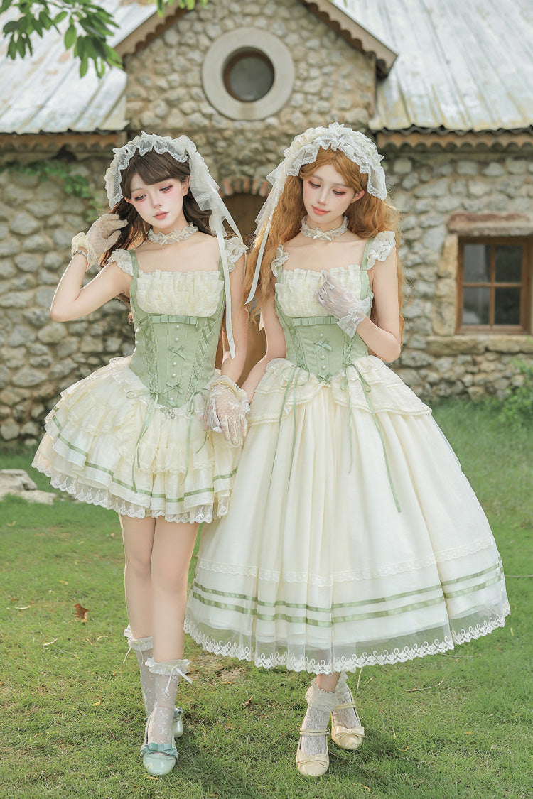 Grünes Kleid mit quadratischem Kragen, ärmellos, mehrlagig, Rüschen, Schleife, Spitze, Fischgrätenmuster, süßes Lolita JSK-Kleid, 2 Versionen