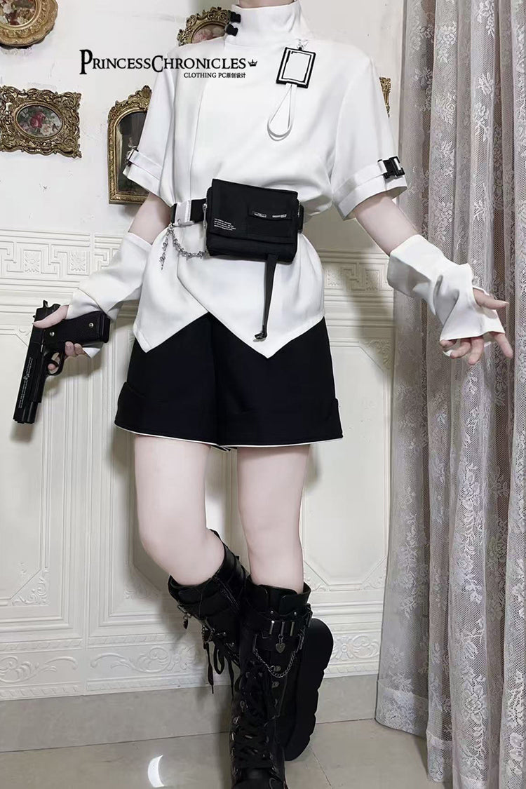 Blouse Lolita Blanche Style Fonctionnel à Col Montant Manches Courtes Mode Ouji Prince Beau 